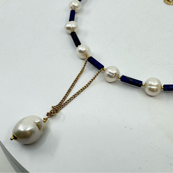 C106 New Handmade Natural Freshwater Pearl and Lapis Lazuli Choker - Picture 14 of 14